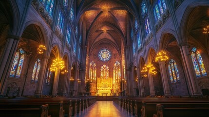 Naklejka premium A beautiful Christian basilica with detailed stonework, towering steeples, and glowing stained glass windows, radiating grace and reverence
