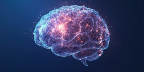 Digital human brain made of glowing lines and dots, isolated on a dark blue background.