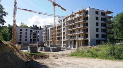A construction site featuring buildings under development with cranes and materials.