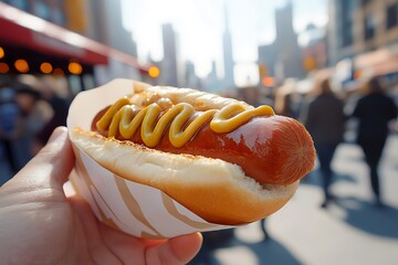 A Hotdog With Mustard and Ketchup, Served at a Bustling Fast Food Stand on a Busy New York City Street, Food Photography, Food Menu Style Photo Image
