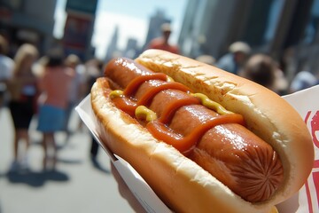 A Hotdog With Mustard and Ketchup, Served at a Bustling Fast Food Stand on a Busy New York City Street, Food Photography, Food Menu Style Photo Image