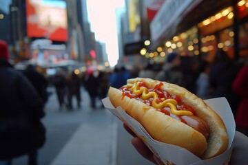 A Hotdog With Mustard and Ketchup, Served at a Bustling Fast Food Stand on a Busy New York City Street, Food Photography, Food Menu Style Photo Image