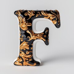 Decorative 3D Letter F in Gold and Black Design