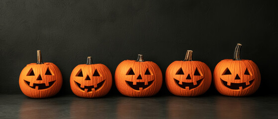 Five carved pumpkins with cheerful faces arranged in a row, set against a dark background, capturing a festive Halloween spirit.