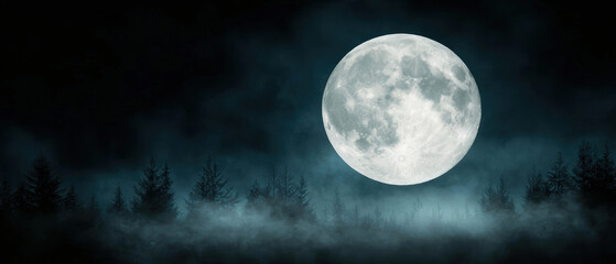 A large, bright moon illuminates a dark, misty forest, creating an eerie yet enchanting nighttime atmosphere.