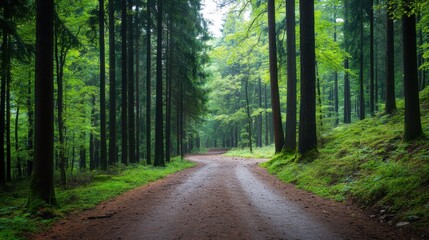 Obraz premium Peaceful Forest Pathway Amidst Lush Greenery