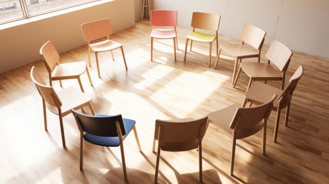Sunlit room with a dozen wooden chairs arranged in a perfect circle, ready for group discussion or a meeting.