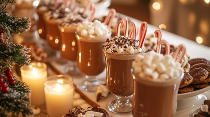 A festive hot cocoa bar with a variety of toppings such as marshmallows, peppermint sticks, and caramel drizzle