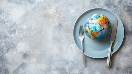 A globe resembling Earth sits on a plate, symbolizing global awareness and sustainability.