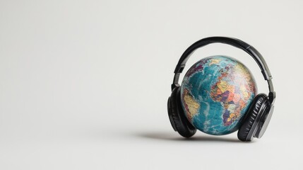 A globe wearing headphones symbolizes the connection between music and global culture.