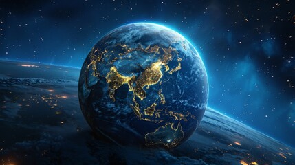 3D Earth with realistic cloud atmosphere and night lights in Asia