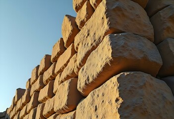 a tall stone wall with uneven, large rocks, displaying cracks and patches of lichen, under a bright blue sky create with ai