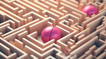 Aerial view of an abstract maze with pink spheres, blending artistic design and generative AI innovation in a complex, captivating visual.