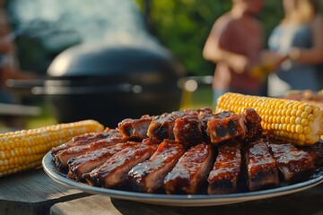 A Plate of Ribs With Corn on the Cob, Served at a Backyard BBQ, Food Photography, Food Menu Style Photo Image