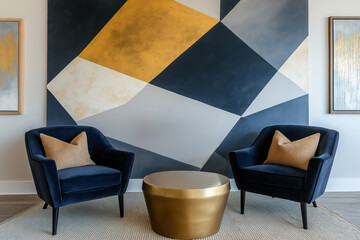 lounge space with navy blue velvet chairs and geometric wall