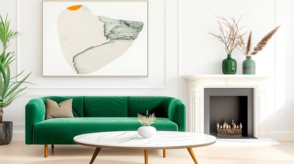 Sofa in modern interior with home decor stylish and cozy living space featuring green furniture and artistic wall art