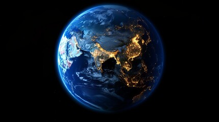 3D Earth with realistic cloud atmosphere and night lights in Asia