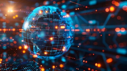 3D globe with data streams illustrating internet business and global networks