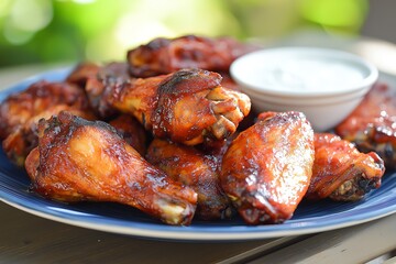 Fototapeta premium A Platter of BBQ Chicken Wings With Ranch Dressing, Served in a Backyard During a Sunny Summer Cookout, Food Photography, Food Menu Style Photo Image