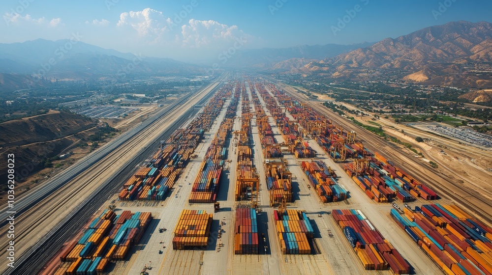 Poster this aerial view captures a vast shipping container yard filled with vibrant, stacked containers. th