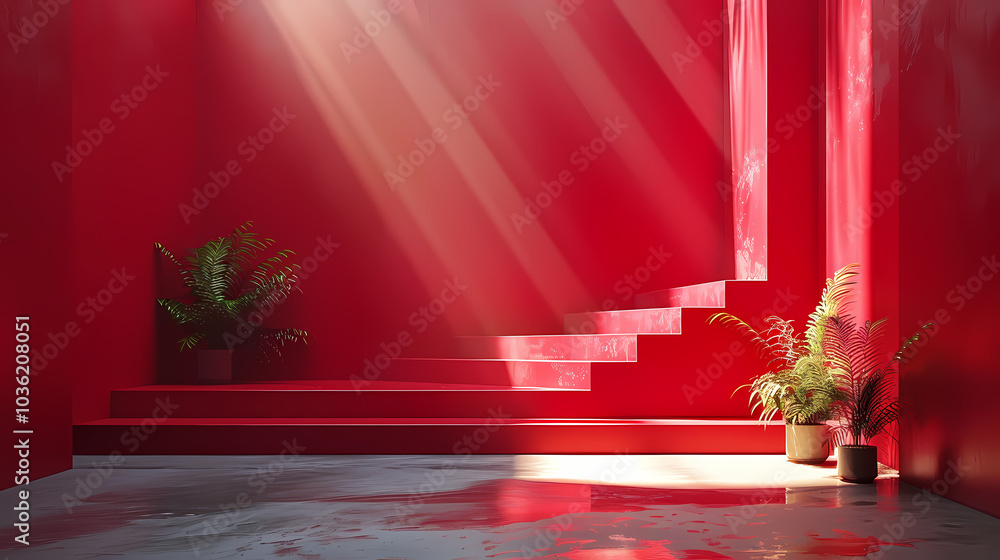 Poster sun rays from the corner in a red space generated ai