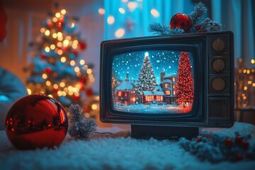 Retro TV playing Christmas scene by a cozy fireplace with tree and festive decorations