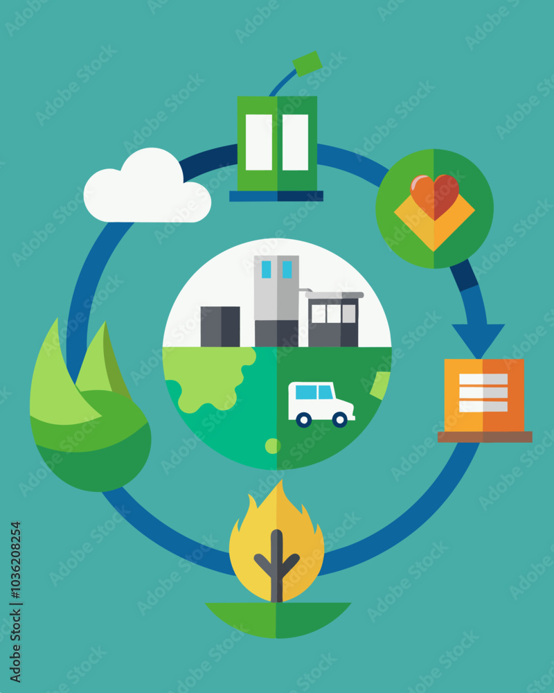 Poster an illustration of the circular economy with pictures of products at different stages of their lifec