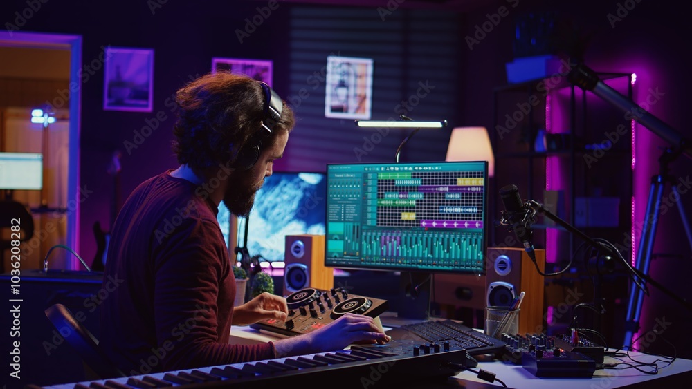 Leinwandbilder mastering engineer registering piano keys recordings to edit in daw software on computer, operating 