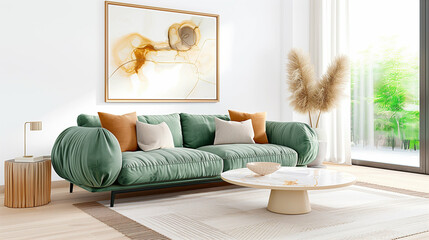 Sofa in modern interior with home decor stylish living room setting featuring elegant design and soft colors