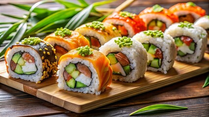 Wooden platter holding a colorful variety of fresh sushi rolls