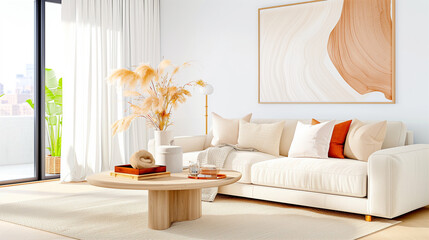 Modern living room interior design with cozy aesthetic and natural light filled decor