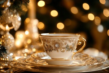 Fototapeta premium Porcelain tea cup with gold accents on festive table setting for Christmas celebration