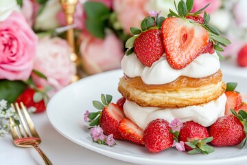 A Warm Strawberry Shortcake With Fresh Cream, Served at a Garden Party With Colorful Flowers, Dessert Food Photography, Dessert Menu Style Photo Image