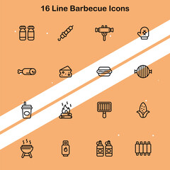 Set of 16 line barbecue icons representing BBQ tools food and outdoor cooking elements.