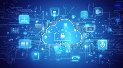 Fototapeta premium Secure Cloud Computing Network with Data Security and Connectivity Icons