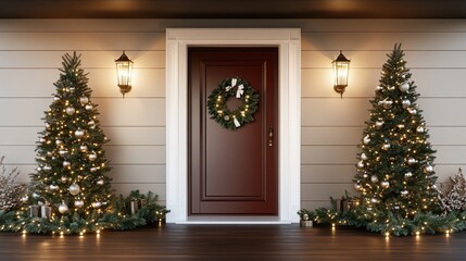 The red front door is festively decorated with a wreath and garland, welcoming visitors to a warm, inviting home entrance during Christmas