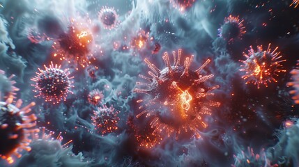 Detailed rendering of coronavirus particles, focusing on the virus's structure and surrounding environment