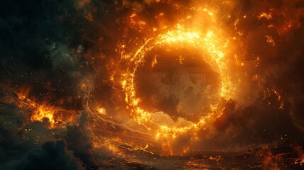 A fiery ring burns intensely amidst dark swirling clouds. Concept: dramatic and mysterious celestial phenomenon. For creating sci-fi or fantasy visual content.