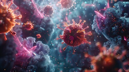 Detailed rendering of coronavirus particles, focusing on the virus's structure and surrounding environment