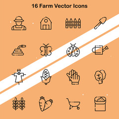 Set of 16 farm vector icons representing farming agriculture and rural life.