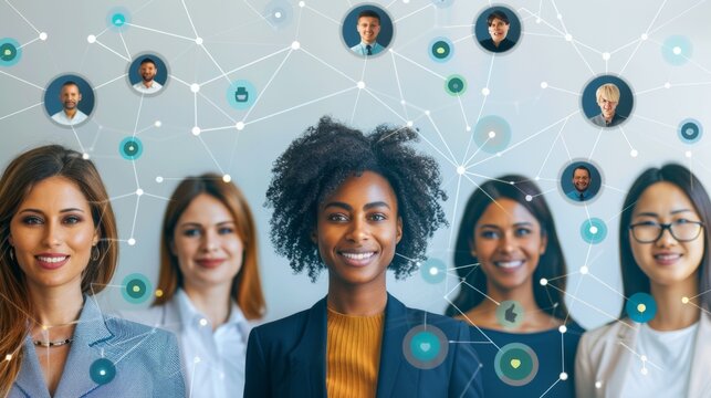 Diverse business professionals connected globally, exchanging data and strategies for customer service and outsourcing. Emphasis on technology and teamwork