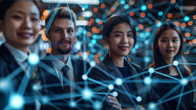 Diverse business professionals connected globally, exchanging data and strategies for customer service and outsourcing. Emphasis on technology and teamwork