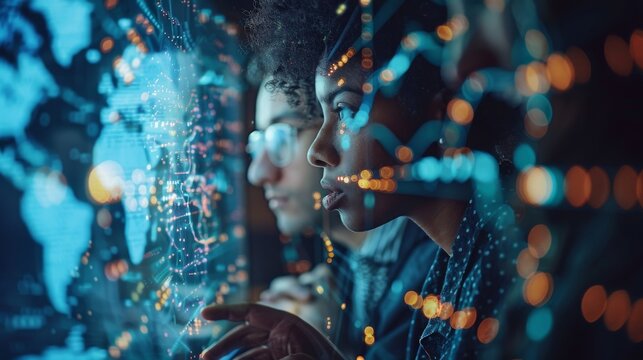 Diverse business professionals connected globally, exchanging data and strategies for customer service and outsourcing. Emphasis on technology and teamwork