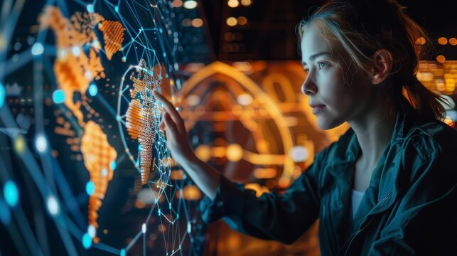 Diverse business professionals connected globally, exchanging data and strategies for customer service and outsourcing. Emphasis on technology and teamwork