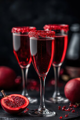 pomegranate mimosas in champagne flutes with red sugar rims and festive background