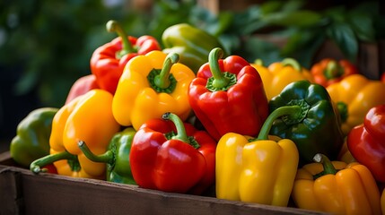 A wooden crate full of fresh, colorful bell peppers on display. Concept of healthy eating and fresh produce. For promoting fresh market goods.