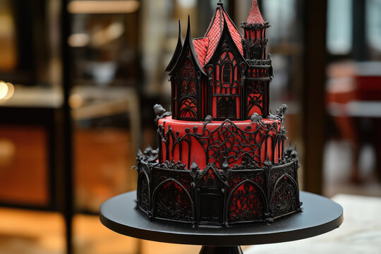 gothic mansion themed tiered cake with intricate black and red detailing for themed events