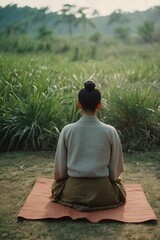 Fototapeta premium Woman is sitting on a mat in a field