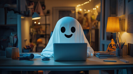 A cute ghost sits at the desk in front of an open laptop, smiling and looking happy. The room is brightly lit with warm lights. There's no one else around