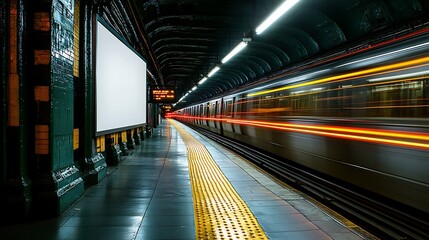 A blank white poster attached to a sleek metal surface at a bustling train station.